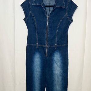 Dark Wash Denim Distressed Jumpsuit Women's Size M/L Flare leg